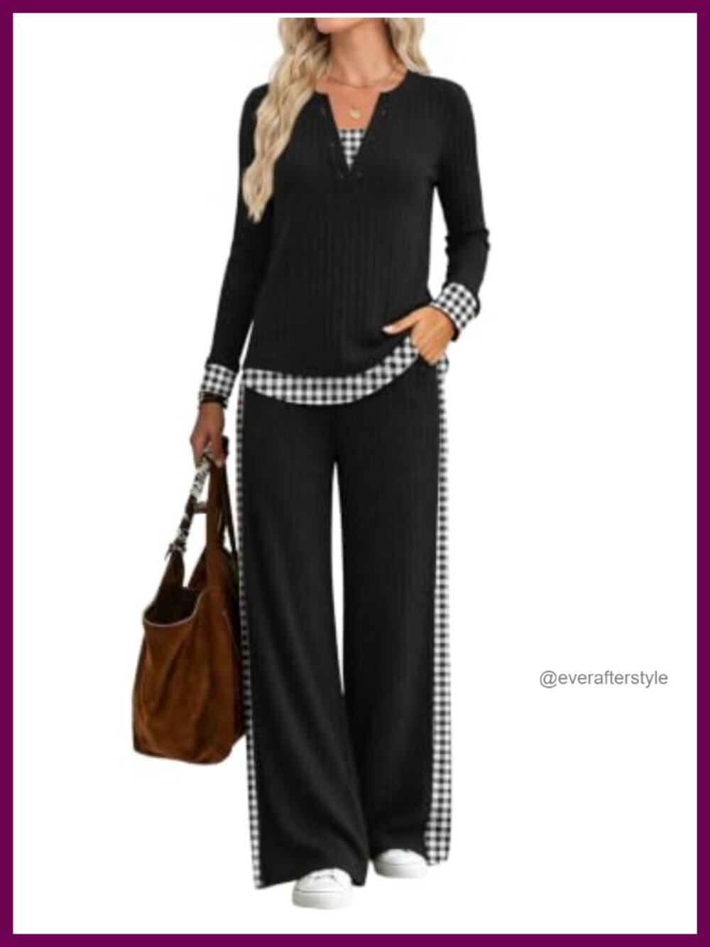 Women Knit Ribbed Long Sleeve Lounge Set Wide Leg Pants Pull On